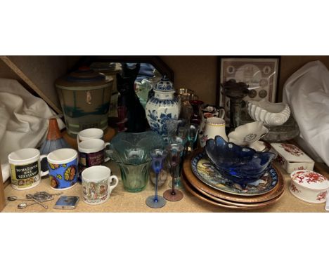 A glass lamp shade together with an oak framed wall mirror, delft vase and cover, Poole pottery, Masons jug, framed coins, co