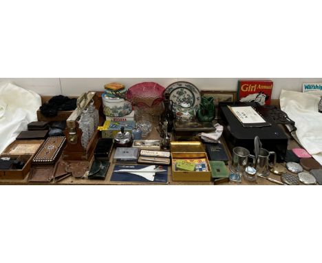 A Mappin tantalus together with a glass lamp shade, plates, ginger jar and cover, boxes, camera, tins, tankards etc