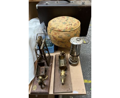 A singer sewing machine together with a puffin stool, marbles, miners lamp and brasswares etc