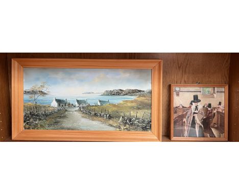 G TomosSeascape with cottages on a headlandOil on canvasSignedTogether with a Salem print