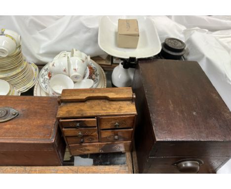 An Avery scales together with a tea caddy, table top chest, treen box, a Paragon part tea service, Wedgwood part tea service,