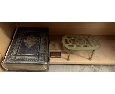 A leather bound bible together with a brass trivet and a burr walnut snuff box