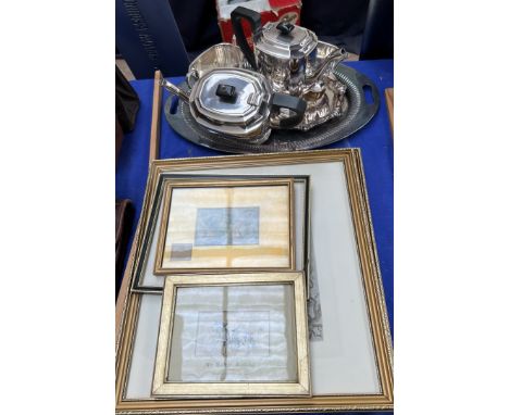 An electroplated four piece teaset together with an electroplated tray, other electroplate, Baxter print, Lady Godiva print a