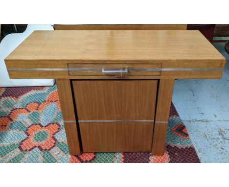 MUFTI CONSOLE TABLE, walnut veneered twin pedestal design, single drawer, steel rims to edges, plus a single cupboard section