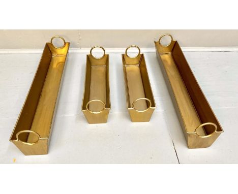 TROUGH PLANTERS, two graduated sets, gilt metal, largest 9cm x 61cm x 12cm. (4) 