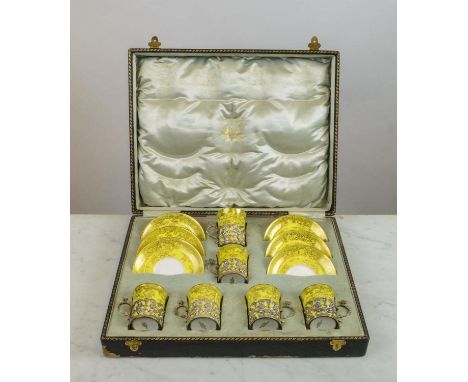A CASE SET OF SPODE COPELAND CHINA COFFEE CUPS AND SAUCERS, yellow gourd having gilt foliate pattern decoration with pierced 