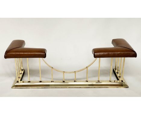 CLUB FENDER, vintage L shaped tan leather seat pads raised upon shaped brass balustrade support, 48cm x 48cm H x 142cm. 