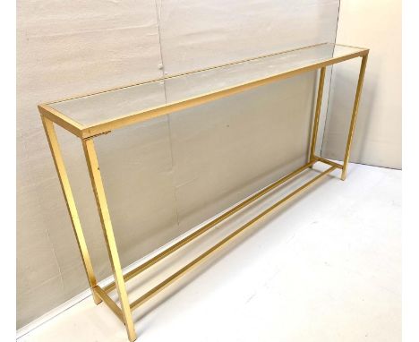CONSOLE TABLE, 79cm H x 152cm W x 25.5cm D, mirrored glass top, gilt metal frame with stretcher to base, contemporary. 