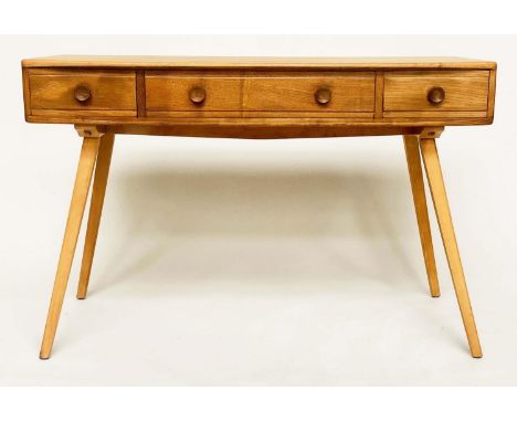 ERCOL WRITING TABLE, solid elm with three frieze drawers and splay supports, 114cm x 48cm D x 74cm H. 