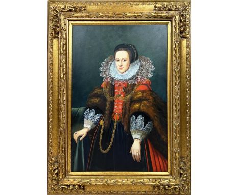 16TH CENTURY ENGLISH MANNER 'Portrait of an Elizabethan lady', oil on canvas, 123cm x 93cm, gilt framed. 