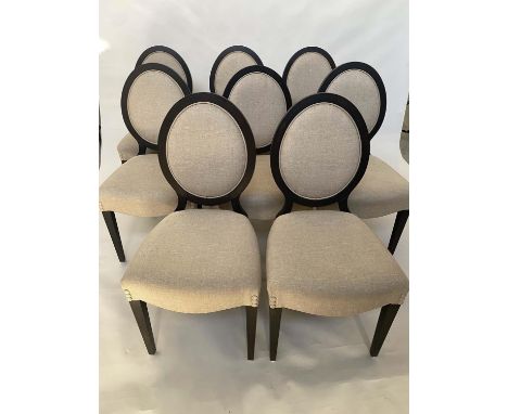 WYCHWOOD DINING CHAIRS, a set of eight ash framed and taupe linen upholstered by 'R. Griffiths Woodwear Ltd Oxford', 50cm W. 