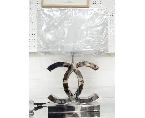 'CO CO' TABLE LAMP, Chanel design plated metal stand, with rectangular grey satin shade, 60cm H, shade 40cm x 20cm. 