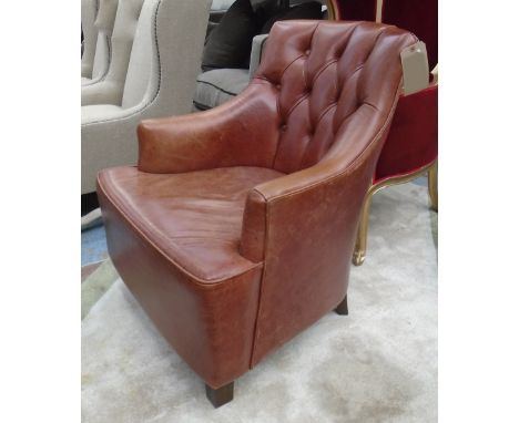 CLUB CHAIR, brown leather button back, 68cm W x 87cm H x 72cm D. 