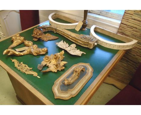 WALL ANTIQUES AND OTHER DECORATIVE ITEMS, a collection of antique and modern gilt carvings and mouldings, including a console