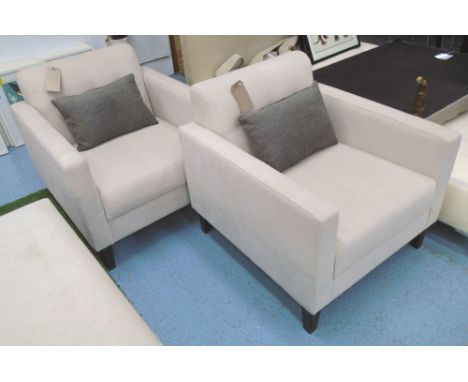 ARMCHAIRS, a pair, Contemporary, square form triple buttoned backed, in cream upholstery, with scatter cushion, on ebonised t