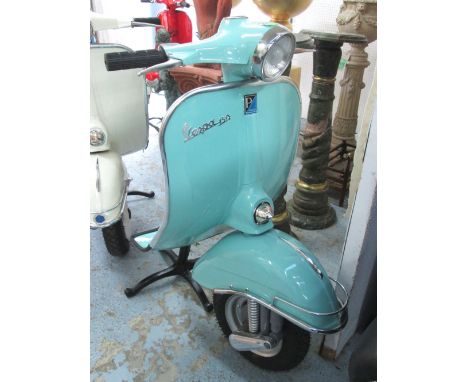 STANDARD LAMP, front section of a Vespa scooter, sky blue finish, 106cm H.