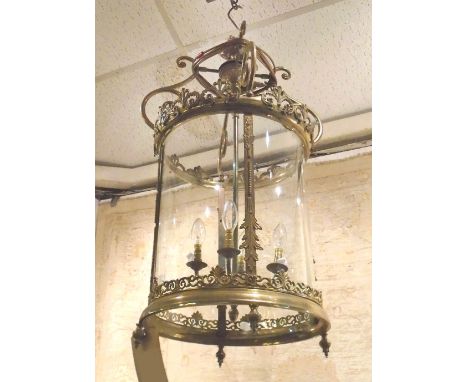 LARGE HALL LANTERN, brass of cylindrical design with a triform lamp inside and glazed panels, 87cm drop x 41cm W. (with fault
