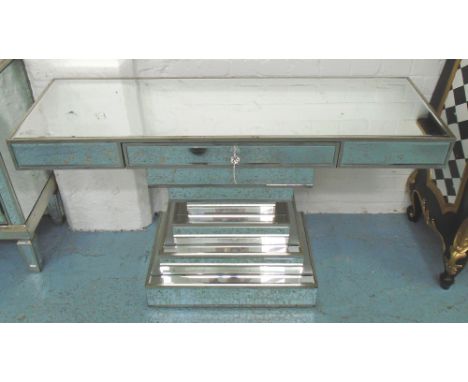 MIRRORED CONSOLE TABLE, on a stepped mirrored base and drawer below, 123cm x 41cm x 73cm H.