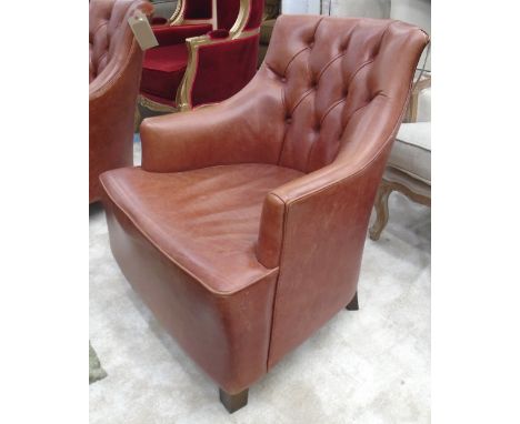 CLUB CHAIR, brown leather button back, 68cm W x 87cm H x 72cm D. 