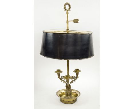 BOUILLOTTE LAMP, early 20th century, French, brass with three lights, three sconces and black tole shade, 69cm H x 37cm D.