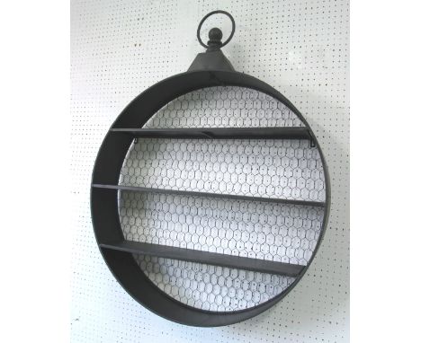 WALL SHELF, circular with decorative bow top in black metal, 80cm dia.