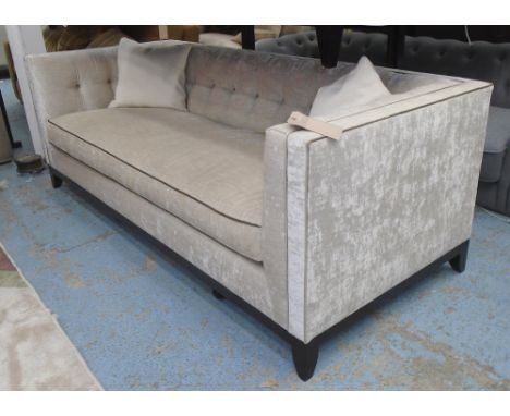 SOFA, two seater in cream fabric button back on square supports with two scatter cushions, 210cm long.