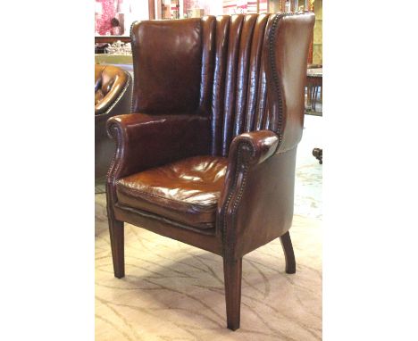 BARREL BACK WING ARMCHAIR, George III design antique faded tan brown ribbed back leather upholstered with seat cushion, 75cm 