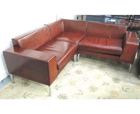 L SHAPED SOFA, contemporary, three piece, tan leather with steel supports, 170cm x 170cm.