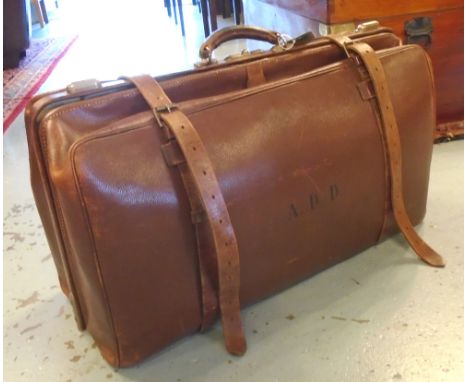VINTAGE LEATHER VALISE, mid 20th century, canvas lined divided interior, approx 72cm L x 38cm H. (travel worn condition)