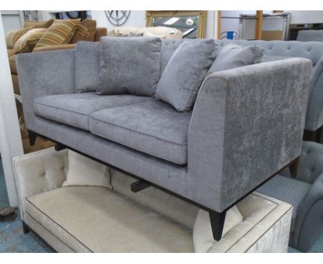 SOFA, two seater, grey upholstery, on square supports, with four scatter cushions, 189cm L.