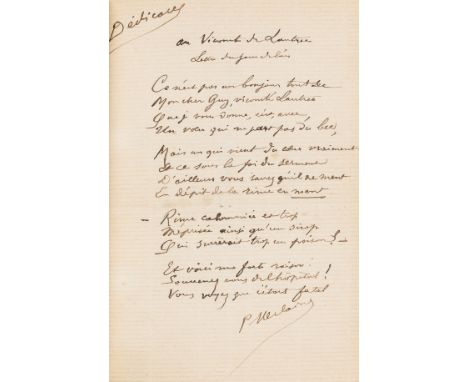 Verlaine (Paul) Chansons pour elle, first edition, signed autograph poem "Au Vicomte de Lautrec" from Dedicaces bound in foll