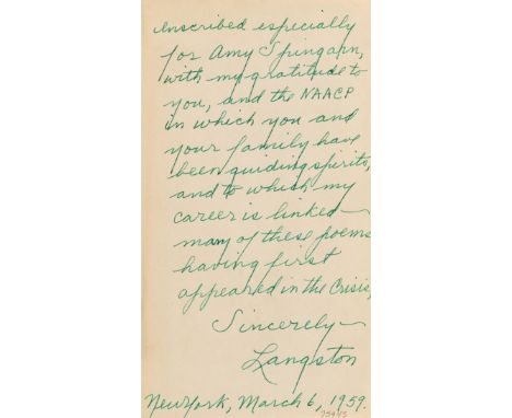 Hughes (Langston) Selected Poems, first edition, signed presentation inscription from the author "Inscribed especially for Am