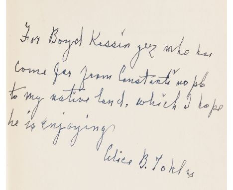 Toklas (Alice B.) What is Remembered, first edition, signed presentation inscription from the author to Boyd von Kessinger to