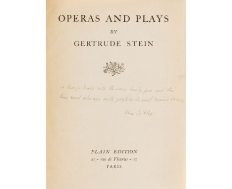 Stein (Gertrude) Operas and Plays, first edition, one of 500 copies, signed presentation inscription "To George Wohl with the