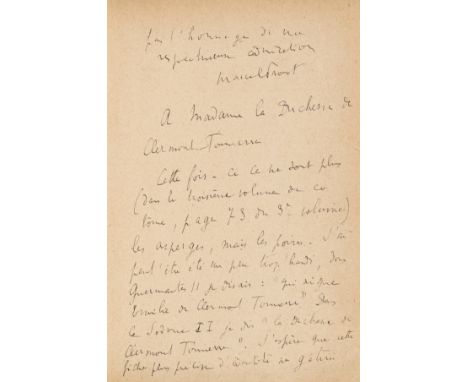 Proust (Marcel) Sodome et Gomorrhe II, part 1 only (of 3), first edition, signed presentation inscription from the author to 