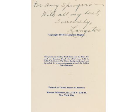 Hughes (Langston) Freedom's Plow, first edition, signed presentation inscription from the author to Amy Springarn to front wr