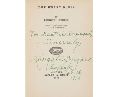 Hughes (Langston) The Weary Blues, first edition, signed presentation inscription from the author to title, dust-jacket by Mi