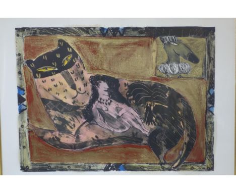 Nina Romm (SA, born 1949), 'Olympia and the leopard', limited edition hand coloured lithograph, signed and numbered 4/10 in p
