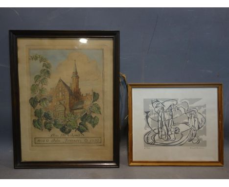 An etching of a red brick house with spire, 'Den 1st April, 1910 - Jela Jensen - 1935' to bottom of block, framed and glazed,