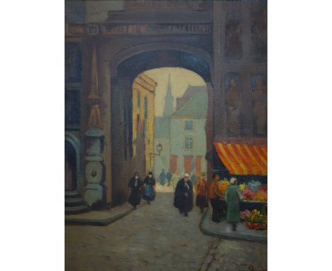 Chris de Bruijn (1901-1974), Figures at City Gate near flower stall, Paris, oil on canvas, signed lower right, in Heydenryk f