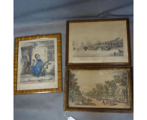 An 18th century hand coloured engraving of Vauxhall Gardens, together with two 19th century German prints 