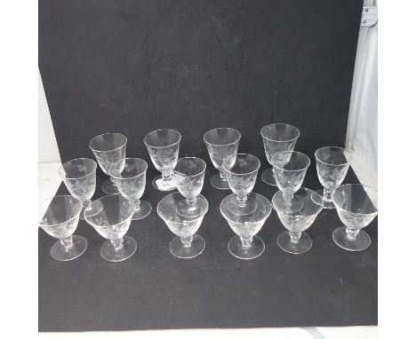 A set of 16 etched drinking glasses with crown over R mark 