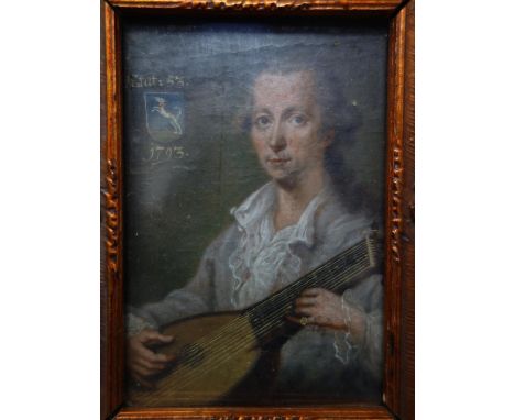 An 18th century miniature painting on panel of a man playing the lute, dated 1793, 10 x 7cm 