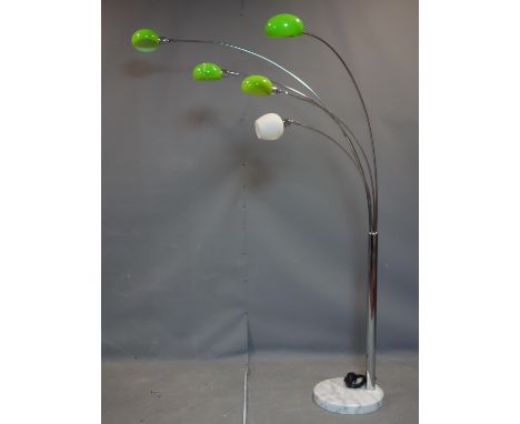 A contemporary arch lamp with 5 pendants, raised on marble base 