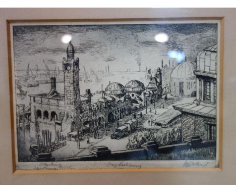 An etching of Hamburg landungsbruecken, signed 13 x 18cm 