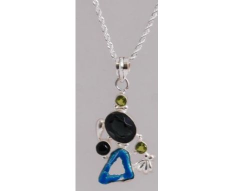 A 925 silver rope twist pendant chain necklace set with green and blue glass