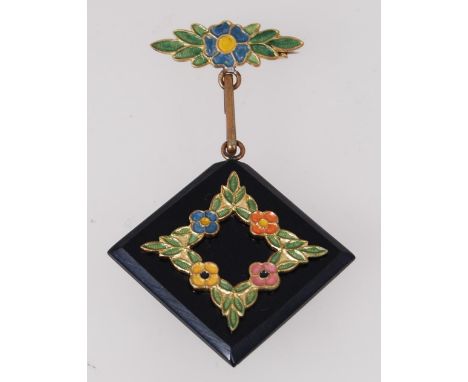 A 1920's enamel &amp; Bakelite fob brooch. Gilt brass with loop catch. 7cm long.