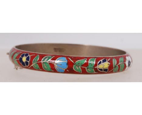 A vintage cloisonne bangle bracelet with safety chain , Marked made in Thailand.
