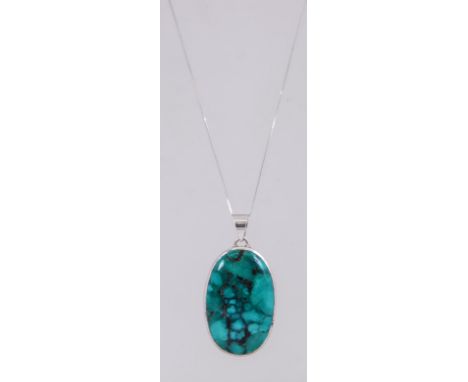 A 925 silver pendant necklace with large turquoise pendant strung on a silver box chain. Total weight 35.4g
