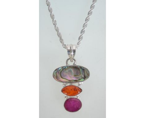 A 925 silver pendant necklace with modernist pendant strung on a rope twist chain. Measures chain 20 inches.